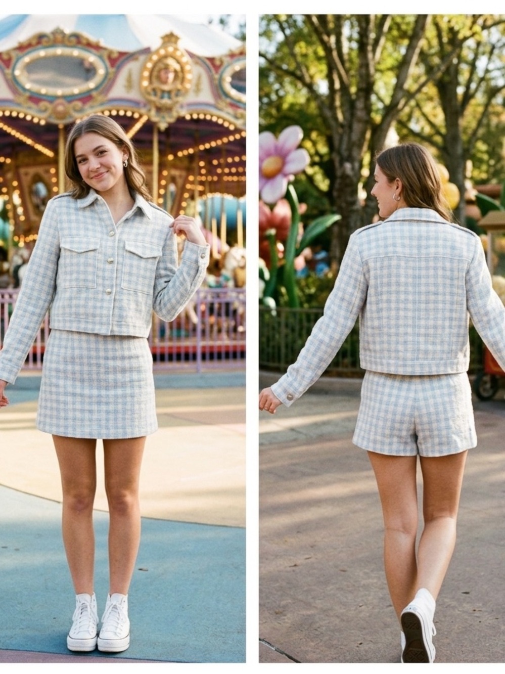 ZARA NWT Skort Suit Blue & White Plaid Jacket Sz L/Skort Sz M